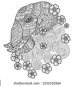 Elephant and flower.
Zentangle stylized cartoon isolated on white background. 
Hand drawn sketch illustration for adult coloring book. 
