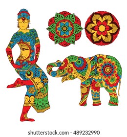 Elephant, flowers, a dancer on a white background. Drawn in mihendi style.