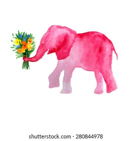 elephant and flowers  Romantic pink elephant  Valentine's postcard  sweet animals  watercolor elephant and flowers  sweet background and animal 