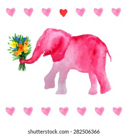 elephant with flowers. Romantic pink elephant. Valentine's postcard. sweet animals. watercolor elephant with flowers. sweet background with animal.