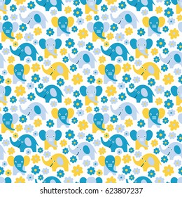 Elephant with flowers seamless background. Vector kid illustration. Cloth design, wallpaper, wrapping.