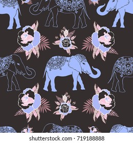 Elephant and flowers vector seamless pattern. Floral tropical animals and roses. 