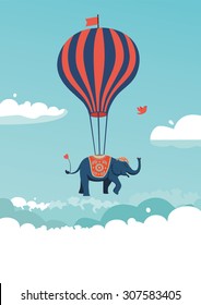 El elefante está volando sobre las nubes. Ilustración vectorial.