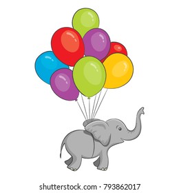 Elephant flying with balloons illustration isolated