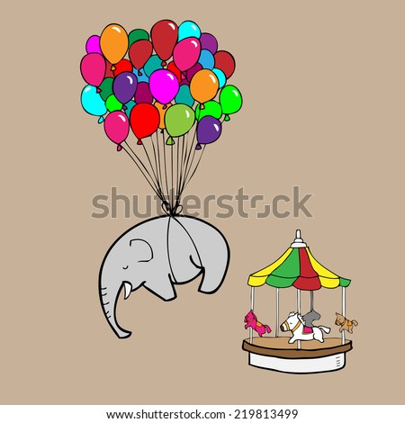Elephant flying by balloons cartoon vector