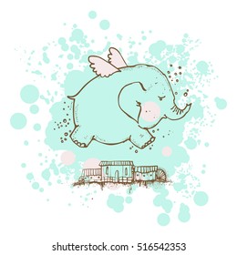 Elephant flying over the city. Vector illustration