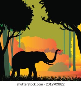 El elefante en el fondo del bosque. Concepto natural. Vida silvestre. Silueta elefante de fondo colorido.
