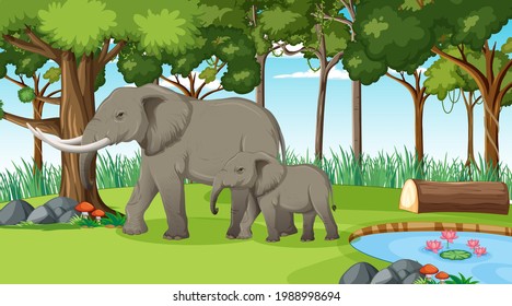 Elephant in forest or rainforest scene with many trees illustration