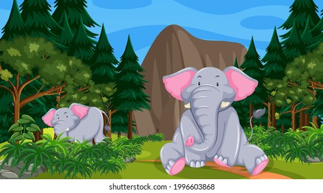 Elefante en la escena de bosque o selva tropical con muchas ilustraciones de árboles