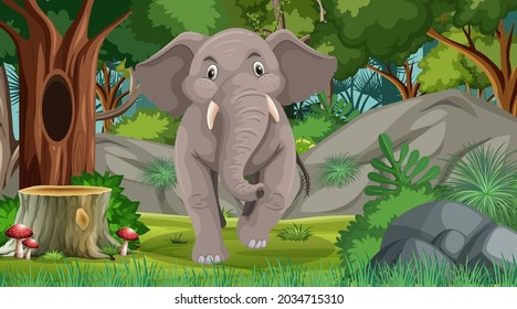 Elephant in forest or rainforest scene with many trees illustration
