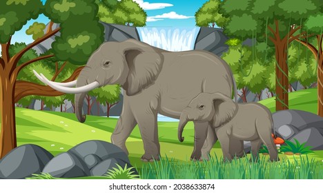 Elefant in der Wald- oder Regenwaldszene mit vielen Baumgrafiken