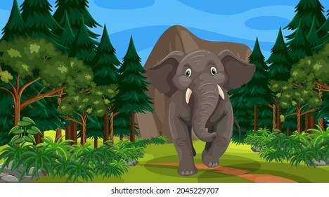 Elephant in forest or rainforest scene with many trees illustration
