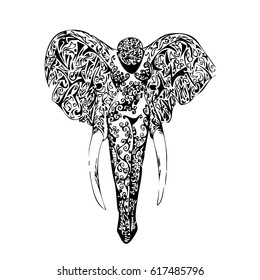 Elephant. Frame of animal made in vector. Illustration for design, pattern, textiles. Hand drawn Use for children's clothes, pajamas, Adult coloring book