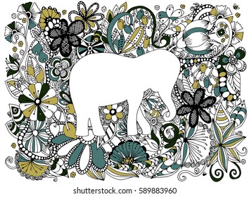 Elephant in frame. Vector image in black and white.