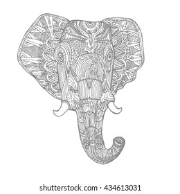 Elephant from the front. Elephant head painted tribal ethnic ornament. African, indian, arab design for t-shirt, postcard, poster, banner.