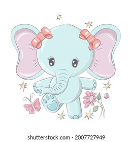 Elephant in a funny cartoon style. Cute animal illustration for baby products. The animal in the vector smile cutely and has beautiful eyes. Illustration for children's parties.