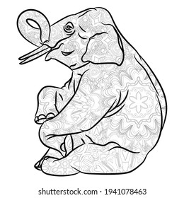 Elephant in funny pose, resting elephant with pattern for coloring, vector illustration.