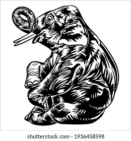 Elephant, funny post, resting elephant black and white engraving style, vector illustration.