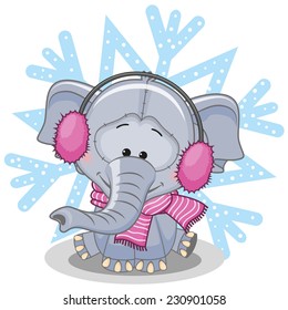Elephant in a fur headphones on the background of snowflake 