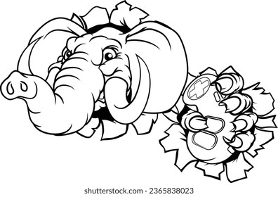 An elephant gamer mascot holding video games controller and breaking through the background