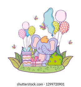elephant with gifts and balloons helium in the field