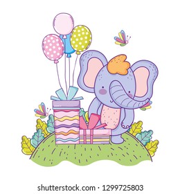 elephant with gifts and balloons helium in the field
