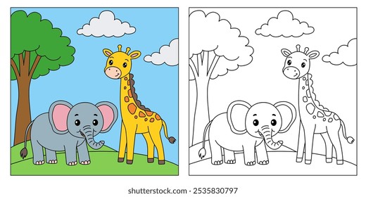 Elefante e Girafa animal floresta colorir páginas para crianças. Trace and color Elephant and Giraffe Animal Forest (em inglês). Planilhas de jardim de infância e pré-escola imprimíveis para crianças. 