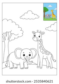 Elephant and Giraffe Animal Forest coloring pages for kids. Trace and color Elephant and Giraffe Animal Forest. Kindergarten and preschool worksheets printable for kids. 