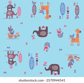 Elephant, Giraffe, birds, kids doodle, repeat, seamless pattern, textile, clothing, fabric vector artwork