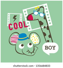 elephant and giraffe is cool boy funny animal cartoon,vector illustration