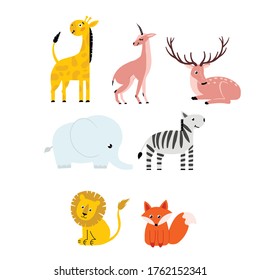 Elephant. Giraffe. Lion. Antelope. Fox Zebra. Deer. Children's and cute animal illustration. Vector graphics. Zoo set. 