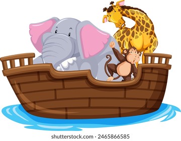 Elephant, giraffe, and monkey on a boat together