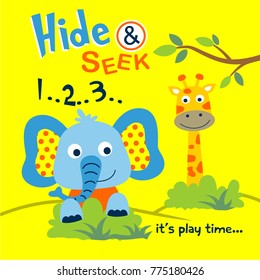 elephant and giraffe playing hide and seek funny cartoon,vector illustration