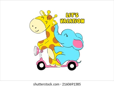 elephant with giraffe playing together cute vector illustration for kids