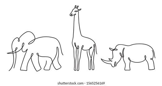 Elephant, giraffe and rhino are drawn in thin lines.