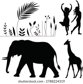 Elephant and giraffe silhouettes with plants and dancing people, wildlife and human figures isolated on light background.eps
