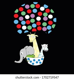 elephant, giraffe, zebra, lizard cartoon in gas balloon. design for shirt,design for birthday card