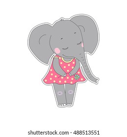 Elephant girl with closed eyes having flower in her hand. Lovely elephant calf in a dress in peas on white background