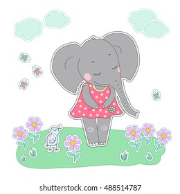 Elephant girl with closed eyes having flower in her hand. Lovely elephant calf in a dress in peas on white background with bird, flowers, butterflies, clouds. Animal sticker in cartoon style