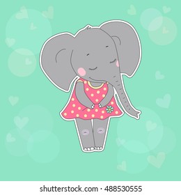 Elephant girl in a dress with closed eyes having flower in her hand. Cute cartoon elephant calf sticker on blue background with circles and hearts