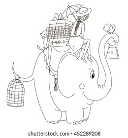 Elephant with the girl on her back, suitcases, a cat,  bird.