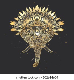 Elephant gold head with american indian chief headdress. Print for clothes, cards, picture banner for websites. Ethnic Indian ornaments.