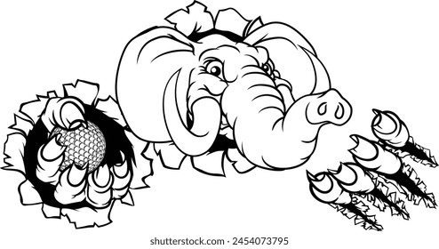 An elephant golf sports animal mascot holding a ball and breaking through the background