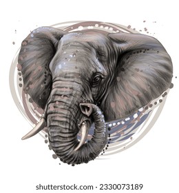 Elephant. Graphic, color portrait of an African elephant in watercolor style on a white background. Digital vector graphics.