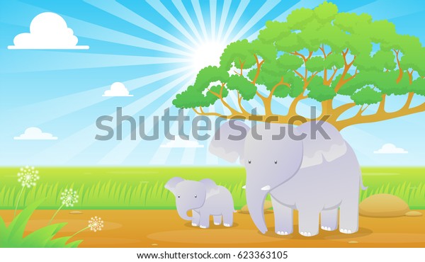 Elephant Grassland Cartoon Wallpaper Stock Vector Royalty Free