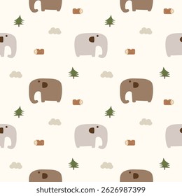 Elefant grau und braun Cartoon so süß. Auf Baumwolken-Protokollhintergrund. Muster nahtlose Vektorgrafik.