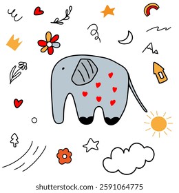 Elephant gray with a crown, children's pattern with a house, sun, flowers