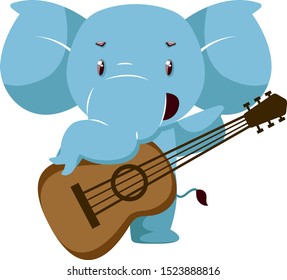 Elephant with guitar, illustration, vector on white background.