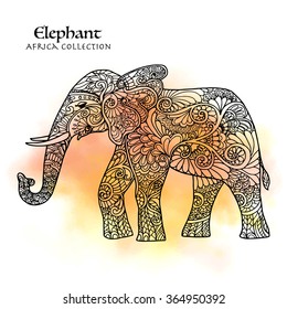 Elephant. Hand drawn decorative wild animal. African collection. Vector illustration.This illustration can be used as a card or as a print on T-shirts and bags.