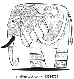 elephant hand drawn doodle for adult anti stress coloring page. and for tattoo, poster, print, t-shirt